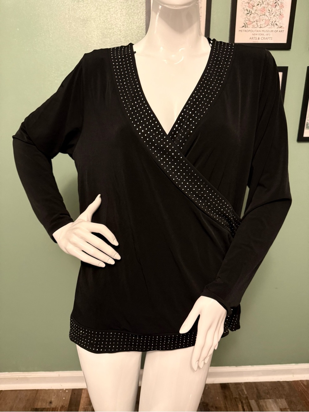MICHAEL Michael Kors Black Stud-Trim Surplice Long Sleeve Top